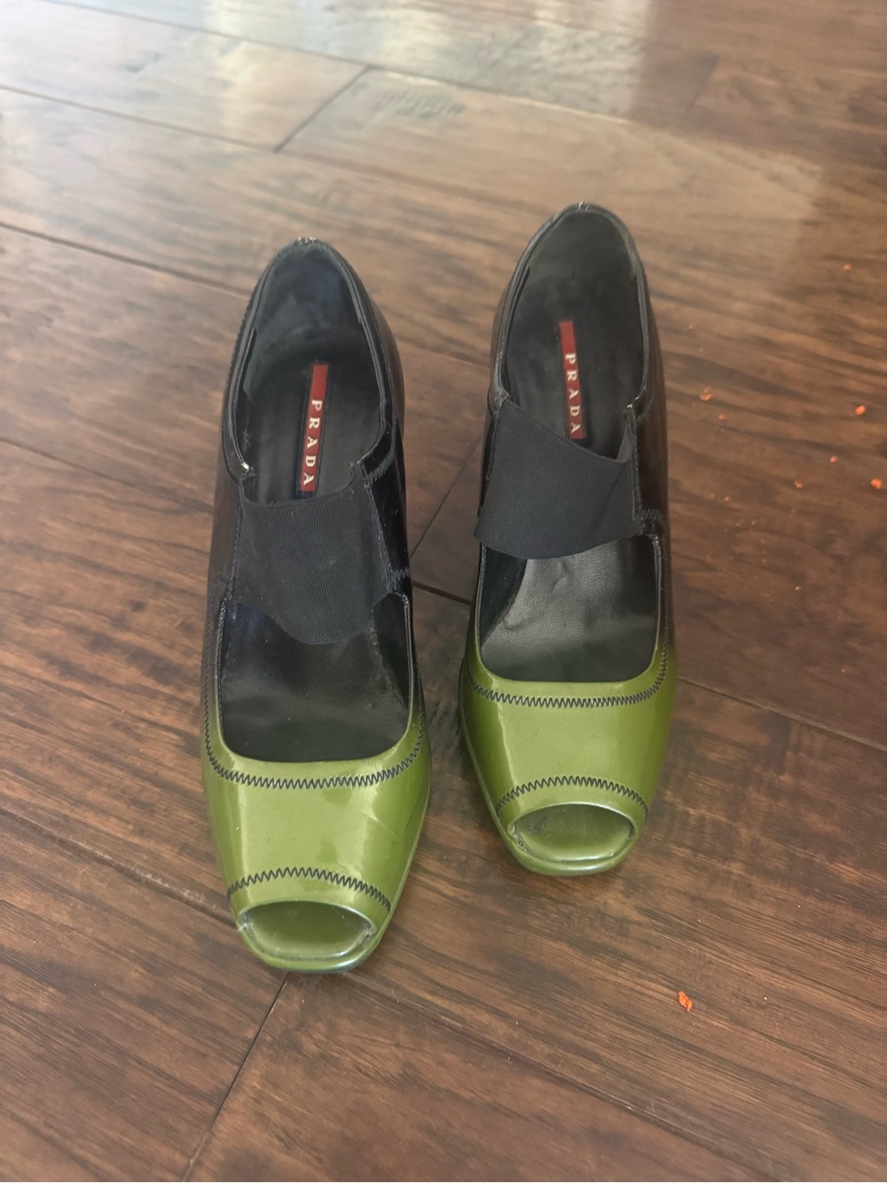 Prada Green Patent Peep-Toe Heels with Black Elastic Strap